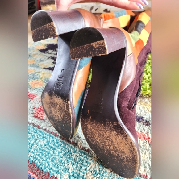ANNA SUI RARE Patchwork  Leather Olive Brown Rust Teal Zip Heels Boots 40 - Picture 10 of 16